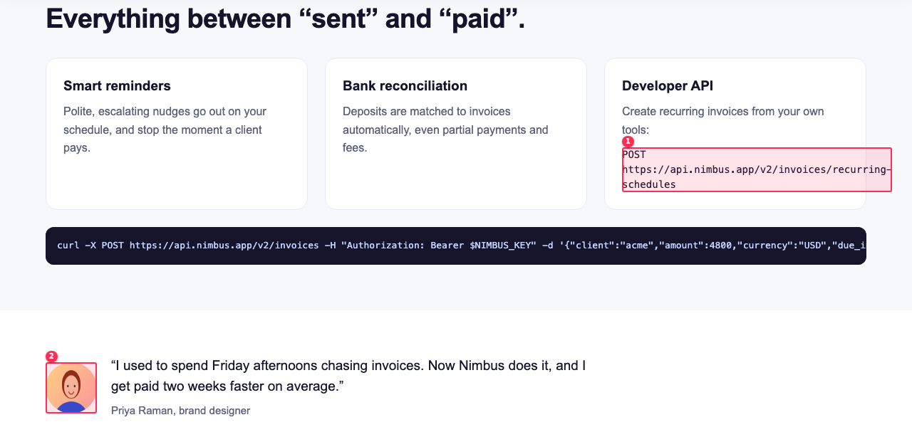 sweep.mjs at 1280px: the API endpoint overflows its card (1) and the avatar is squashed (2). Boxes match report.json.