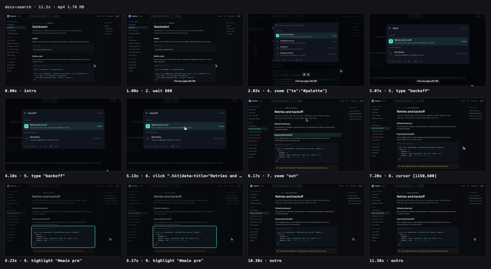Twelve frames from the docs search clip, from the Quickstart page through the zoomed search palette to the Retries and backoff guide.