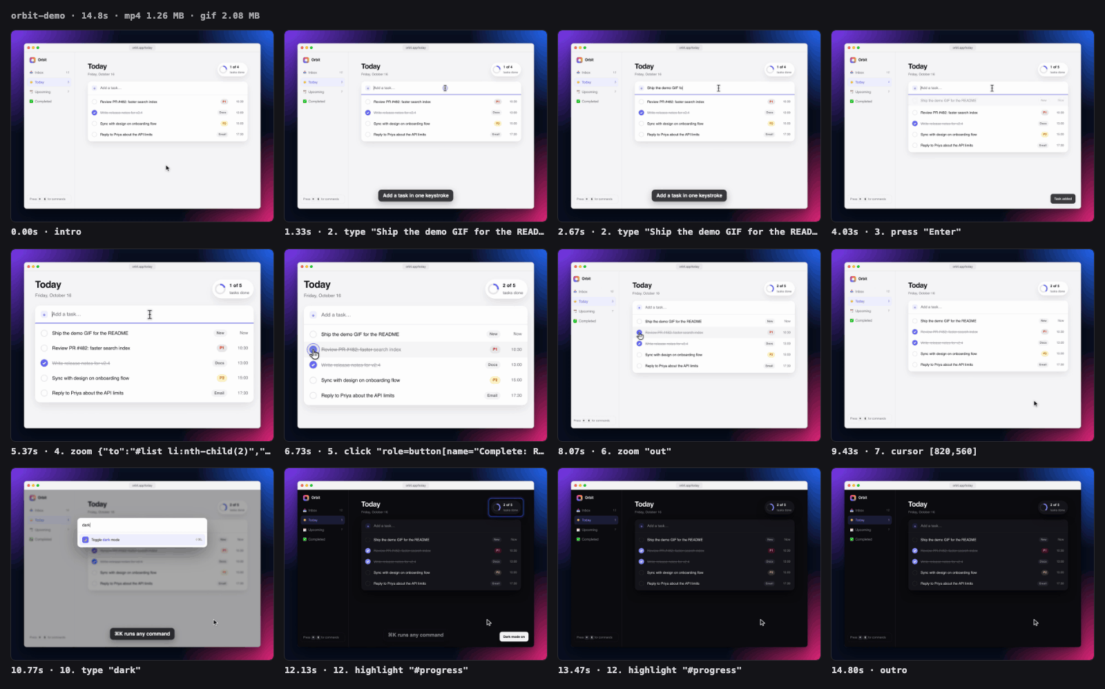 Twelve frames from the Orbit clip in a grid, each labelled with its time and the step that was running.