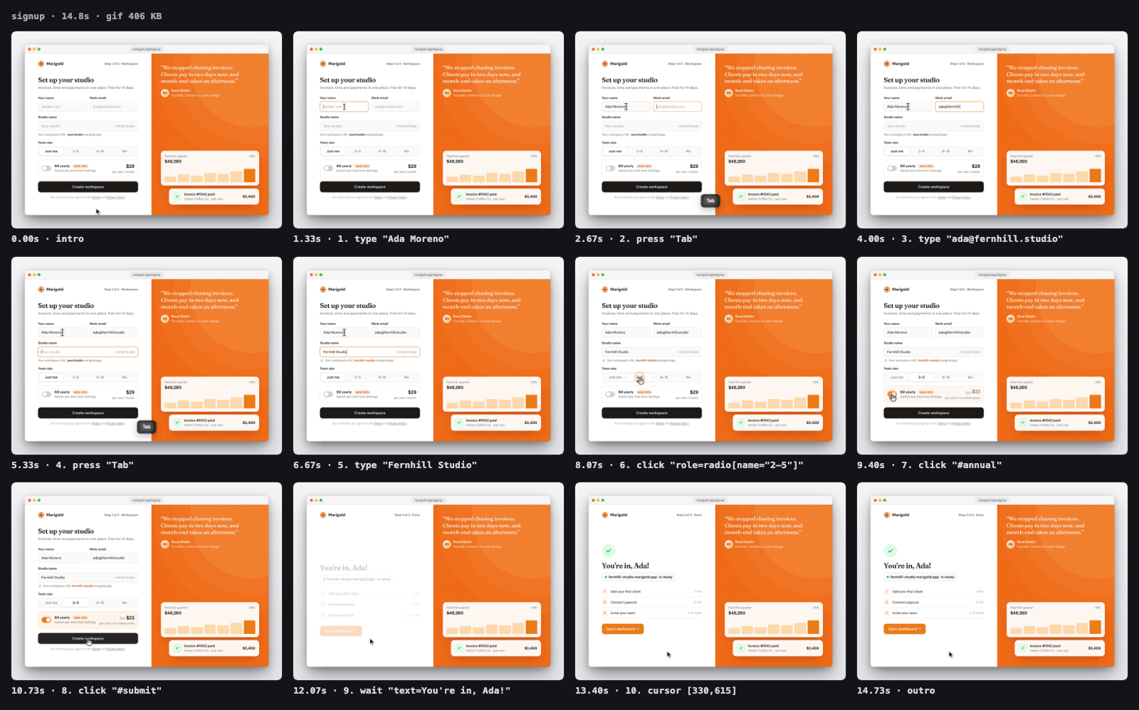 Twelve frames from the signup clip, from the empty form through the filled form to the success screen.