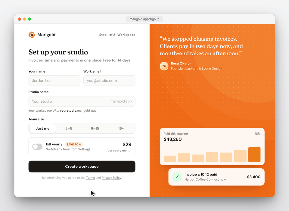 Marigold signup form in a macOS window on a light grey background: name, email and studio name are typed with Tab between fields, the 2–5 team size and yearly billing are selected, the price drops to $23, and submitting shows a 'You're in, Ada!' success screen.