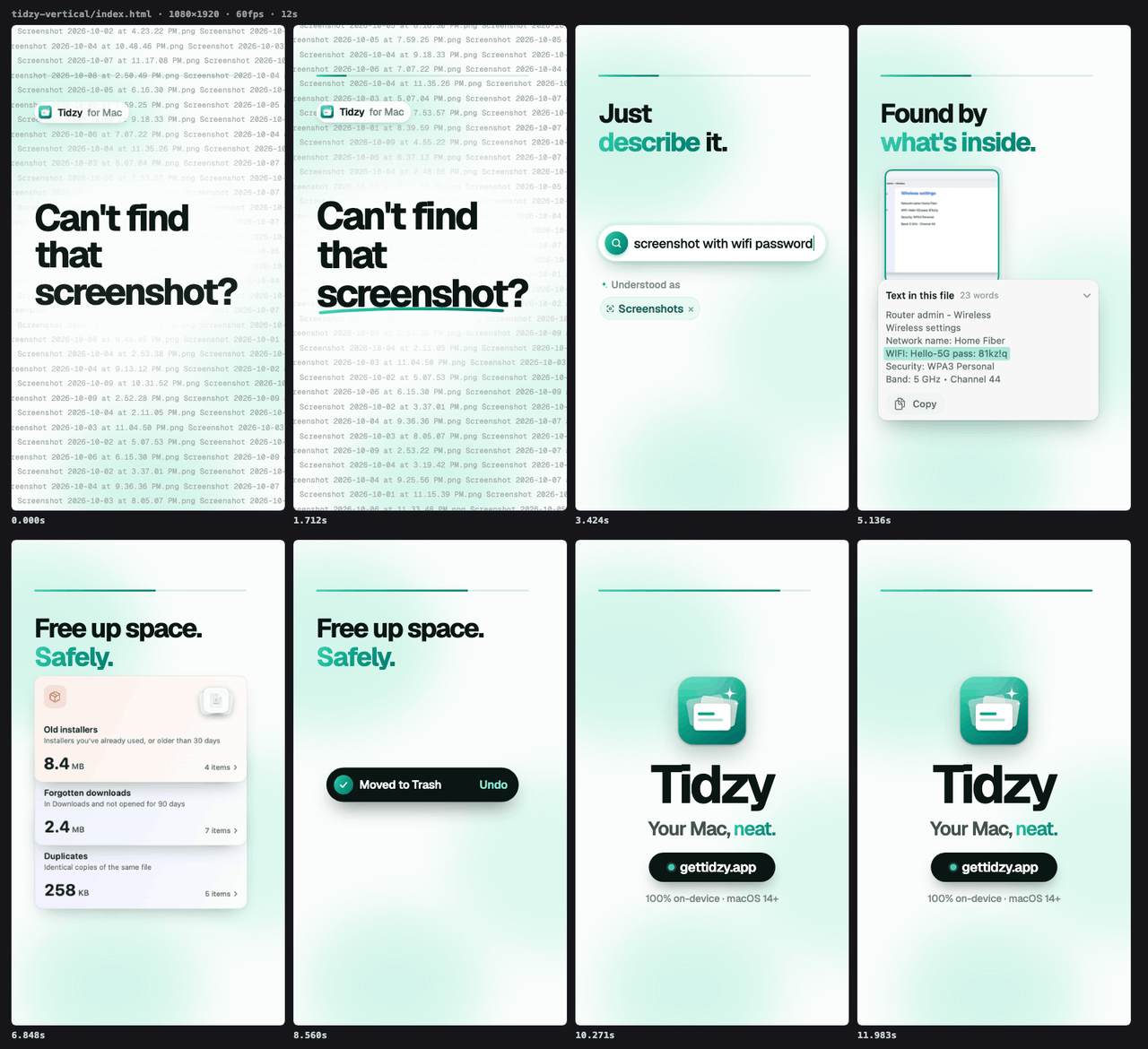 Eight frames of the Tidzy vertical ad