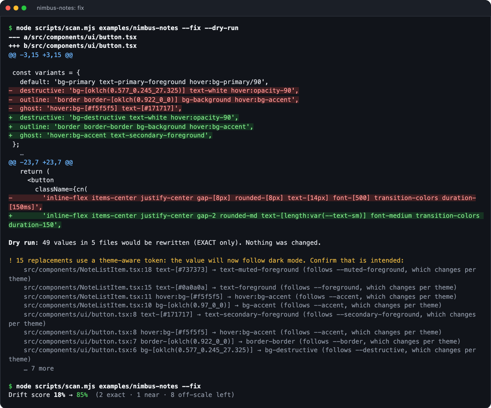 Terminal: the dry-run diff for button.tsx replaces bg-[oklch(0.577_0.245_27.325)] with bg-destructive, border-[oklch(0.922_0_0)] with border-border and text-[14px] with text-[length:var(--text-sm)], then a yellow warning lists 15 replacements whose token changes per theme, then --fix prints 18% → 85%.